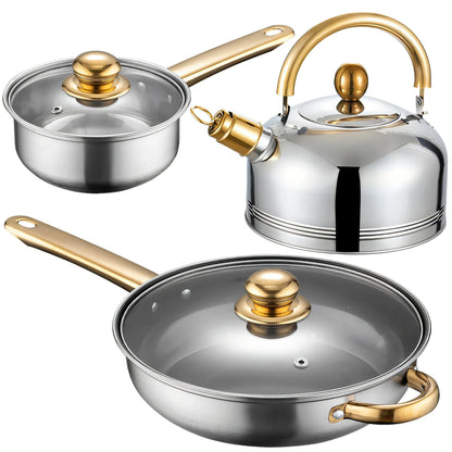 Edelstahl Kochgeschirr Set 11-teilig – Silber & Gold mit Wasserkessel