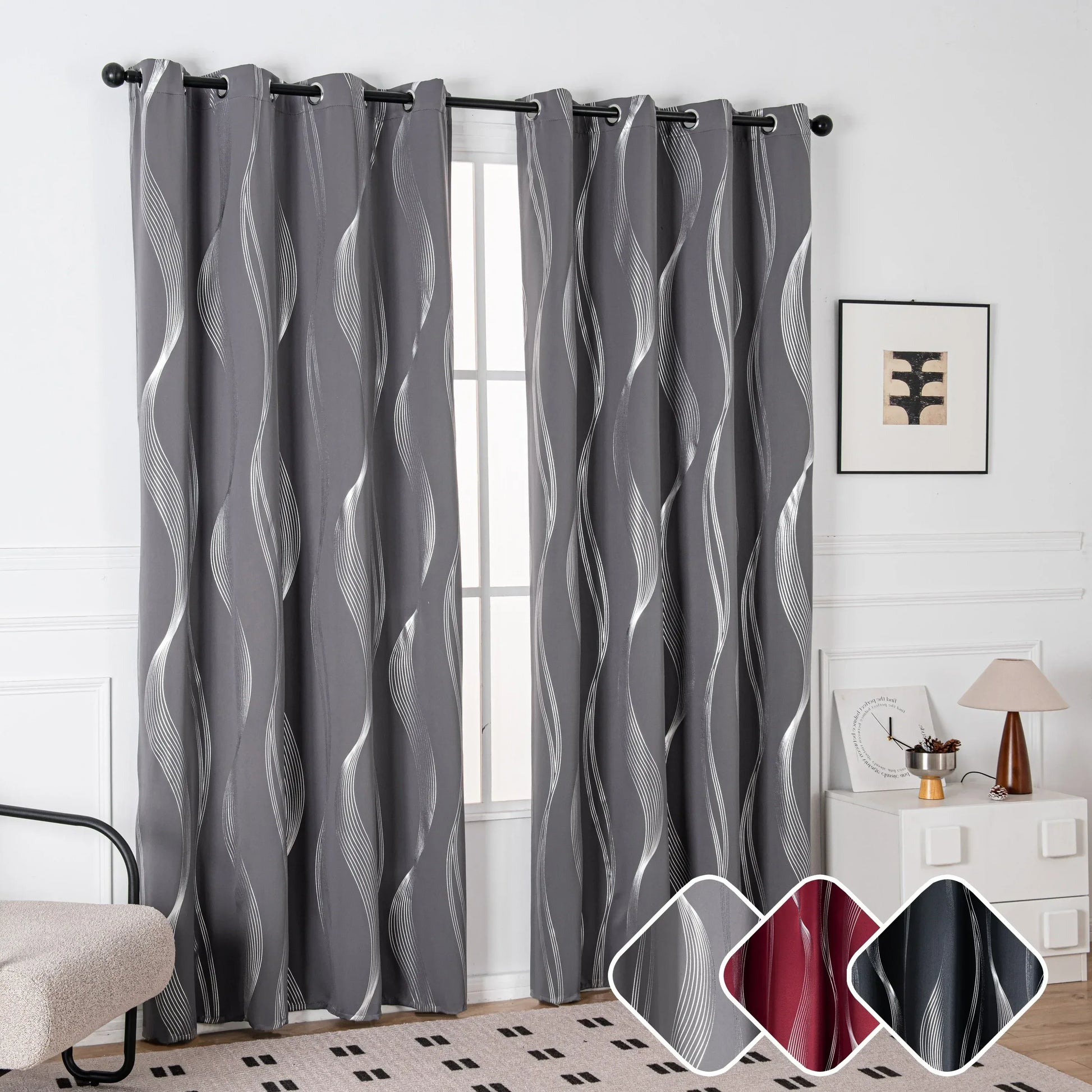 Verdunkelungsvorhänge mit Ösen - Geometrische Wellen-Muster Silber - 213cm Lang, Blickdicht & Wärmeisolierend (2er Set) - FUXLShop