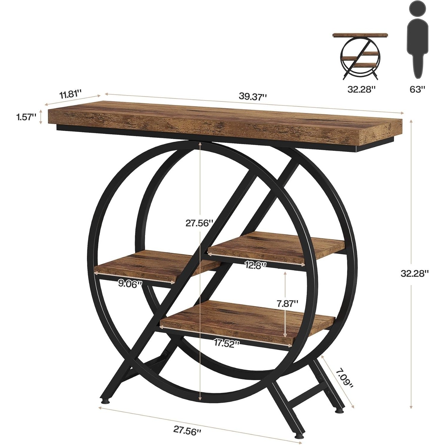 Konsolentisch 100cm Industrial – 4 Ebenen, Metallgestell, Holzoptik Braun