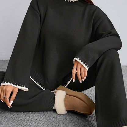Zweiteiler Damen ZD0505906 – Elegantes Set mit Rundhals Pullover & Hose, Kontrastdesign, Frühling bis Winter