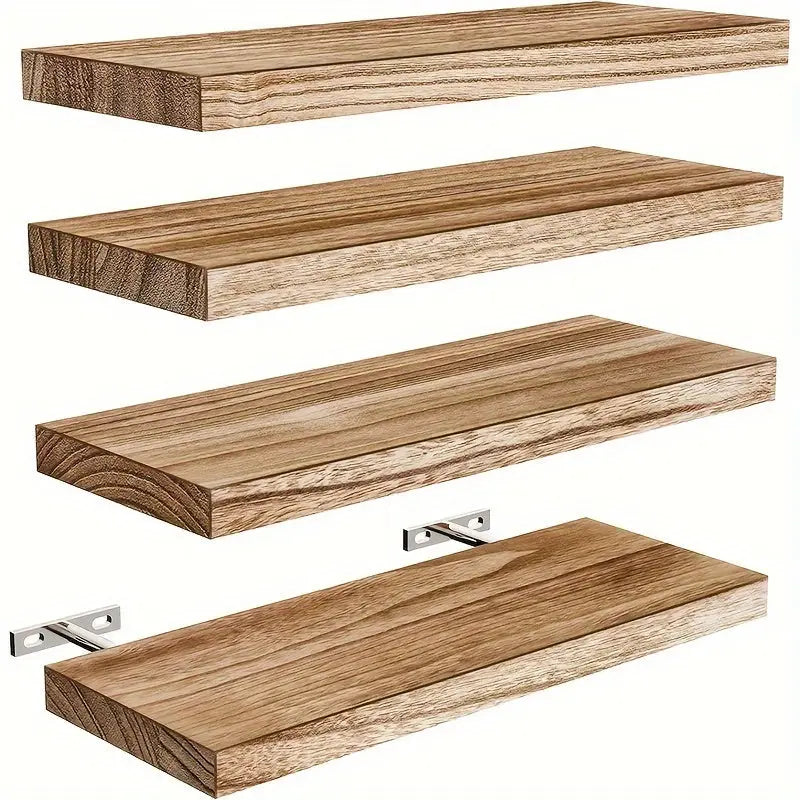 Wandregal 4er-set aus paulownia-holz mit rustikalem eichenfinish und metallhalterungen als schwebende wandregale