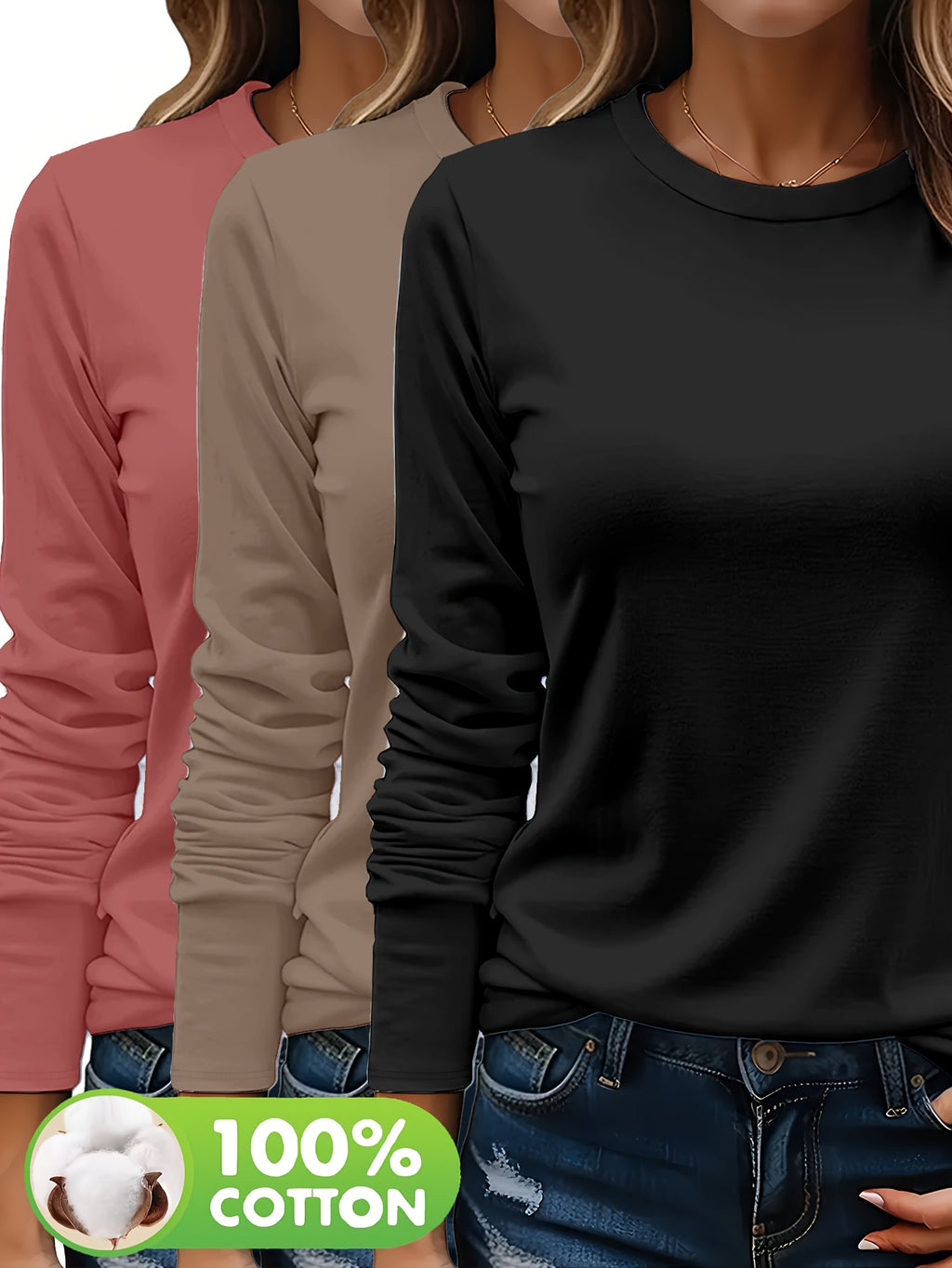 3er-Set Damen Langarm-T-Shirt 170g Heavyweight 100% Baumwolle – Herbst/Winter Basis-Layer