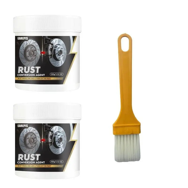 Zwei weiße tueraps rust conversion agent dosen mit schwarzem goldenem bremscheibendesign und gelbem pinsel rahmen inkl
