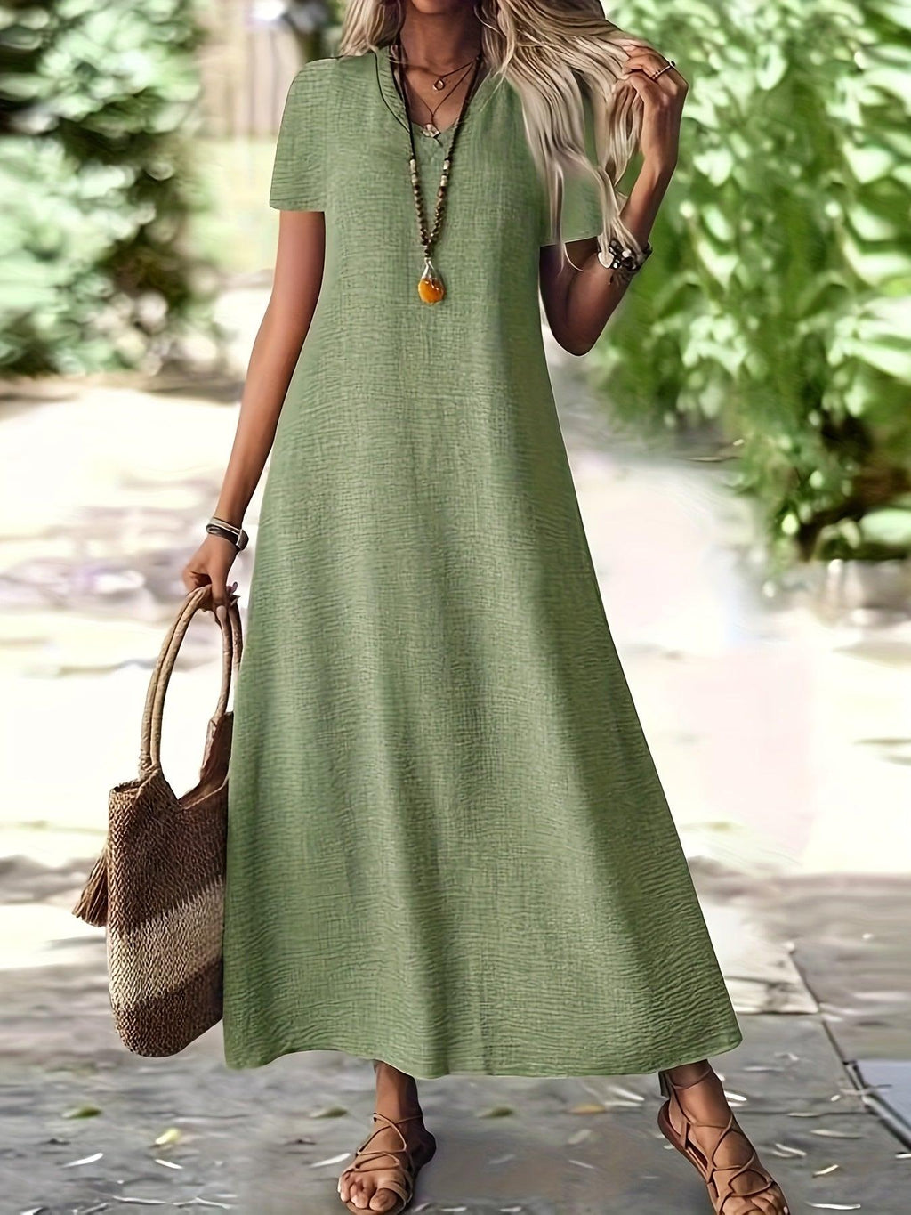Elegantes Damen Maxikleid – V-Ausschnitt, Reißverschluss, Kurzarm, Bodenlang