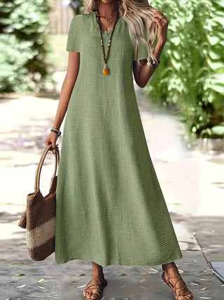 Elegantes Damen Maxikleid – V-Ausschnitt, Reißverschluss, Kurzarm, Bodenlang