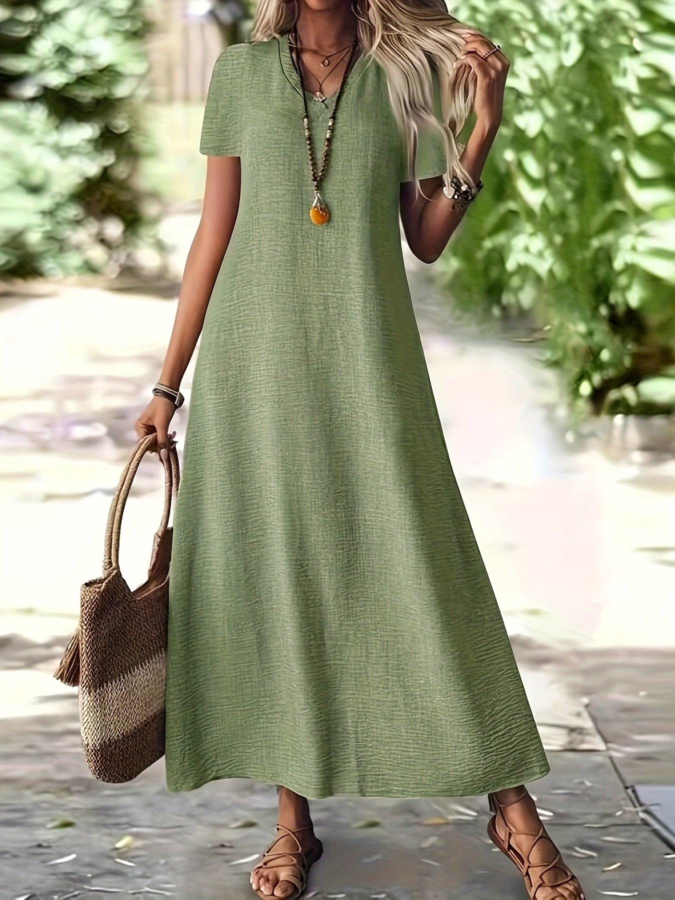 Elegantes Damen Maxikleid – V-Ausschnitt, Reißverschluss, Kurzarm, Bodenlang