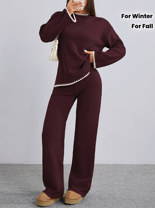 ZD0505906 Women's Two-Piece Set, Casual Elegant Loose Round Neck Contrast Pullover Sweater and Solid Color Pants for Spring Autumn Winter