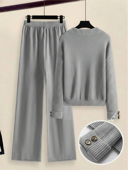 Damen Zweiteiler-Set mit Seitenstreifen – Rundhals Pullover & Gerade Hose, Weiche Freizeitkleidung für Herbst & Winter - FUXLShop
