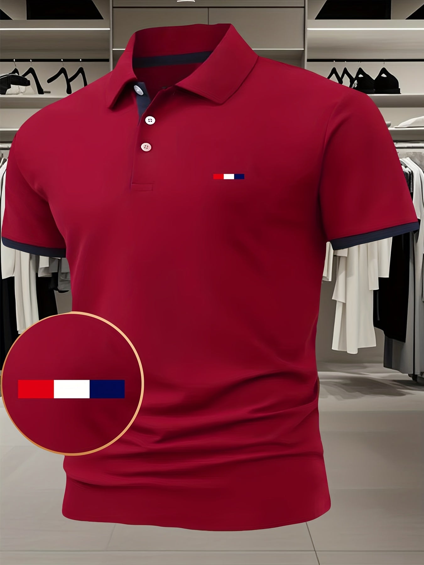 Herren -Shirt Rot mit weiß-blauem Muster – Kurzarm, Knopfkragen, leicht dehnbar, ideal für Sommer & Freizeit