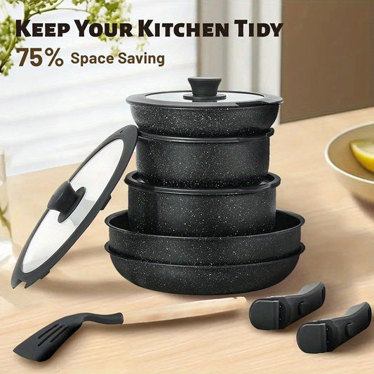 Kpxsiaion Keramik Antihaft-Kochgeschirr-Set mit abnehmbaren Griffen, induktionsgeeignet, stapelbar – Schwarz