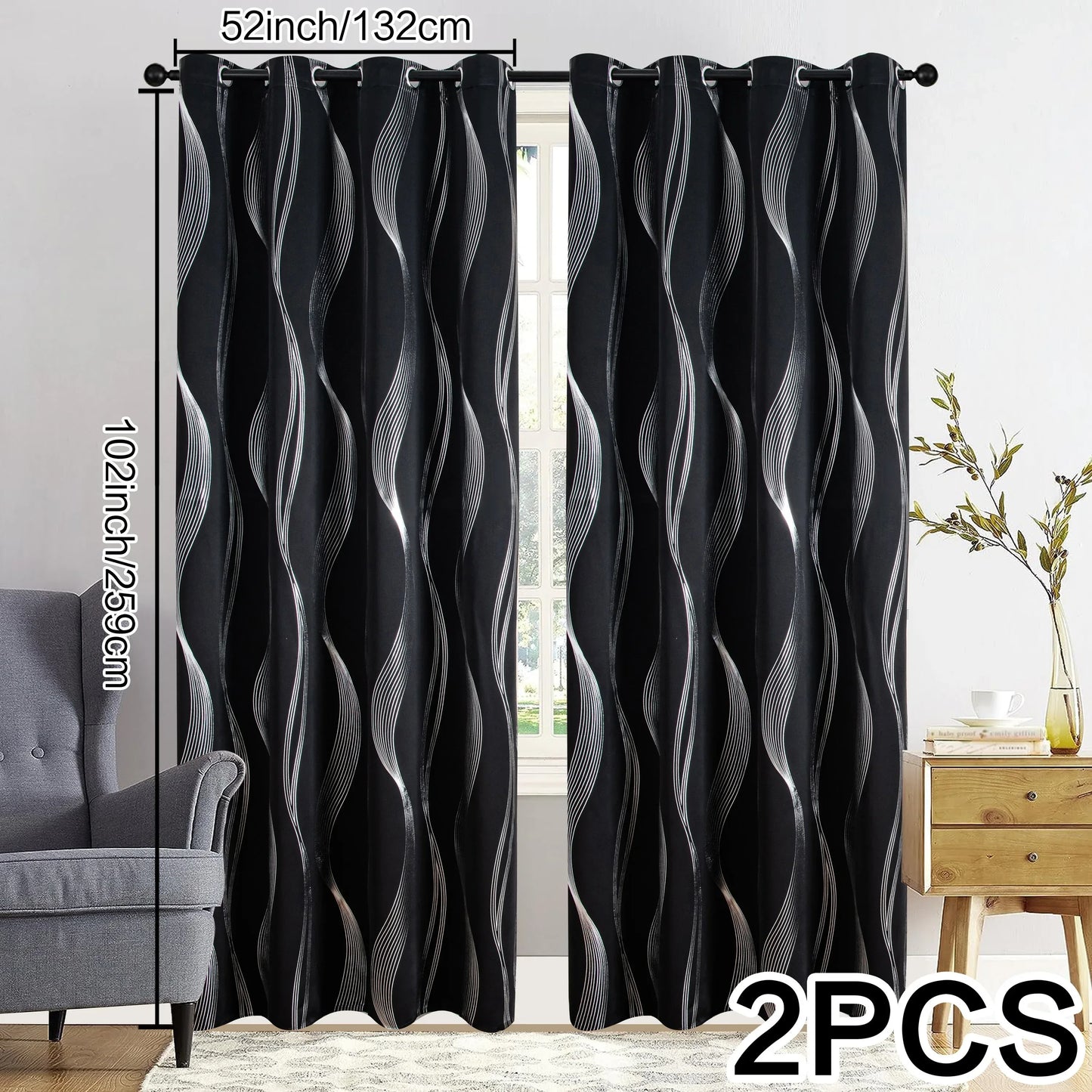 Verdunkelungsvorhänge mit Ösen - Geometrische Wellen-Muster Silber - 213cm Lang, Blickdicht & Wärmeisolierend (2er Set) - FUXLShop