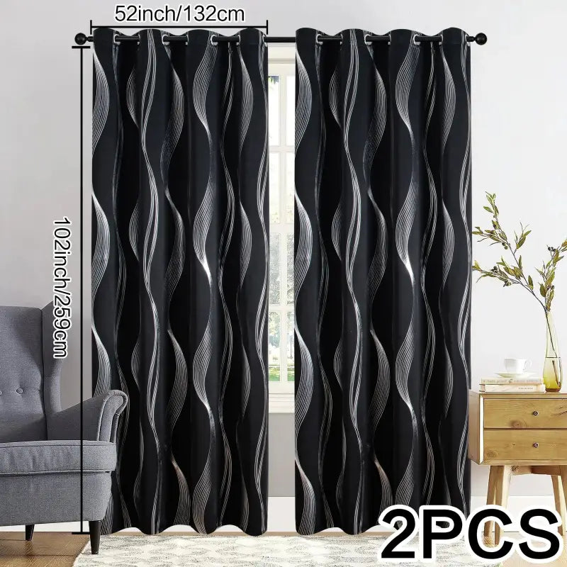 Verdunkelungsvorhänge 2er set 213cm lang mit geometrische wellen-muster silber und ösen für einfaches aufhängen