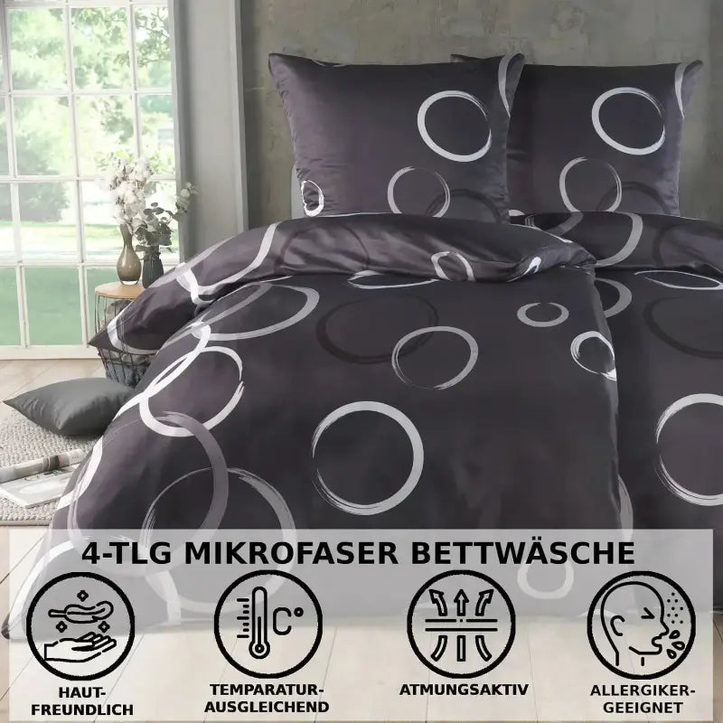 Dunkelgraues bettwäsche-set 135x200 4-teilig aus mikrofaser mit modernem weißen und hellgrauem kreismuster