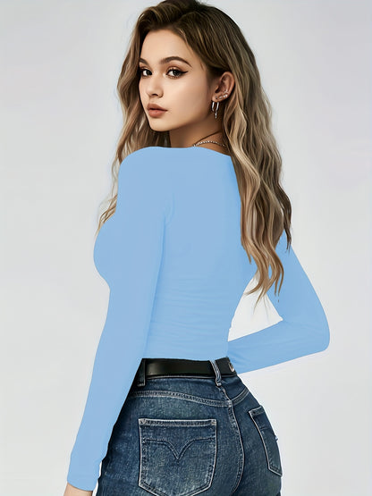 4er-Pack Damen Langarmshirts Rundhals – Stretch Basic-Tops Uni-Farben