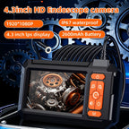 Endoskopkamera mit 4,3-Zoll-Display und Produktangaben zu 1080p, IP67 und 2600-mAh-Akku