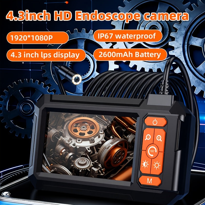 Endoskopkamera mit 4,3-Zoll-Display und Produktangaben zu 1080p, IP67 und 2600-mAh-Akku
