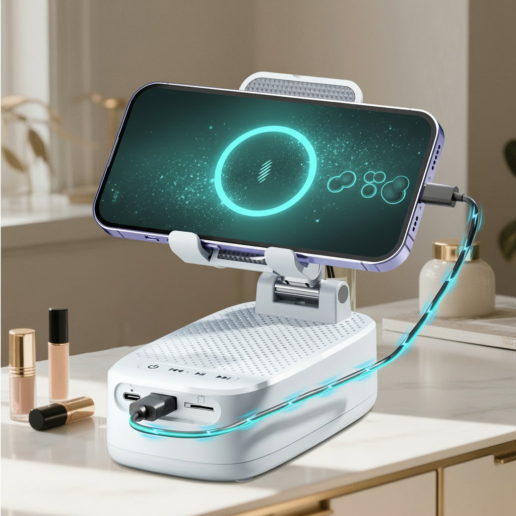 NewRixing 6W Wireless Lautsprecher mit Handyhalter, TWS Dual Pairing, Hi‑Fi Stereo & Bass, USB‑C, Powerbank, Indoor/Outdoor