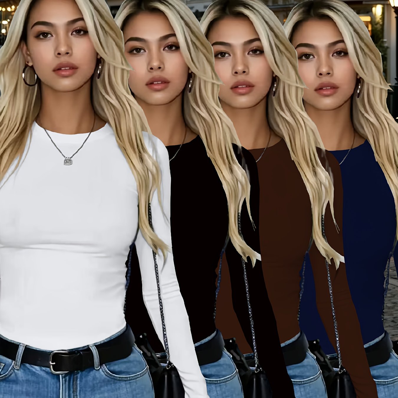 4er-Pack Damen Langarmshirts Rundhals – Stretch Basic-Tops Uni-Farben