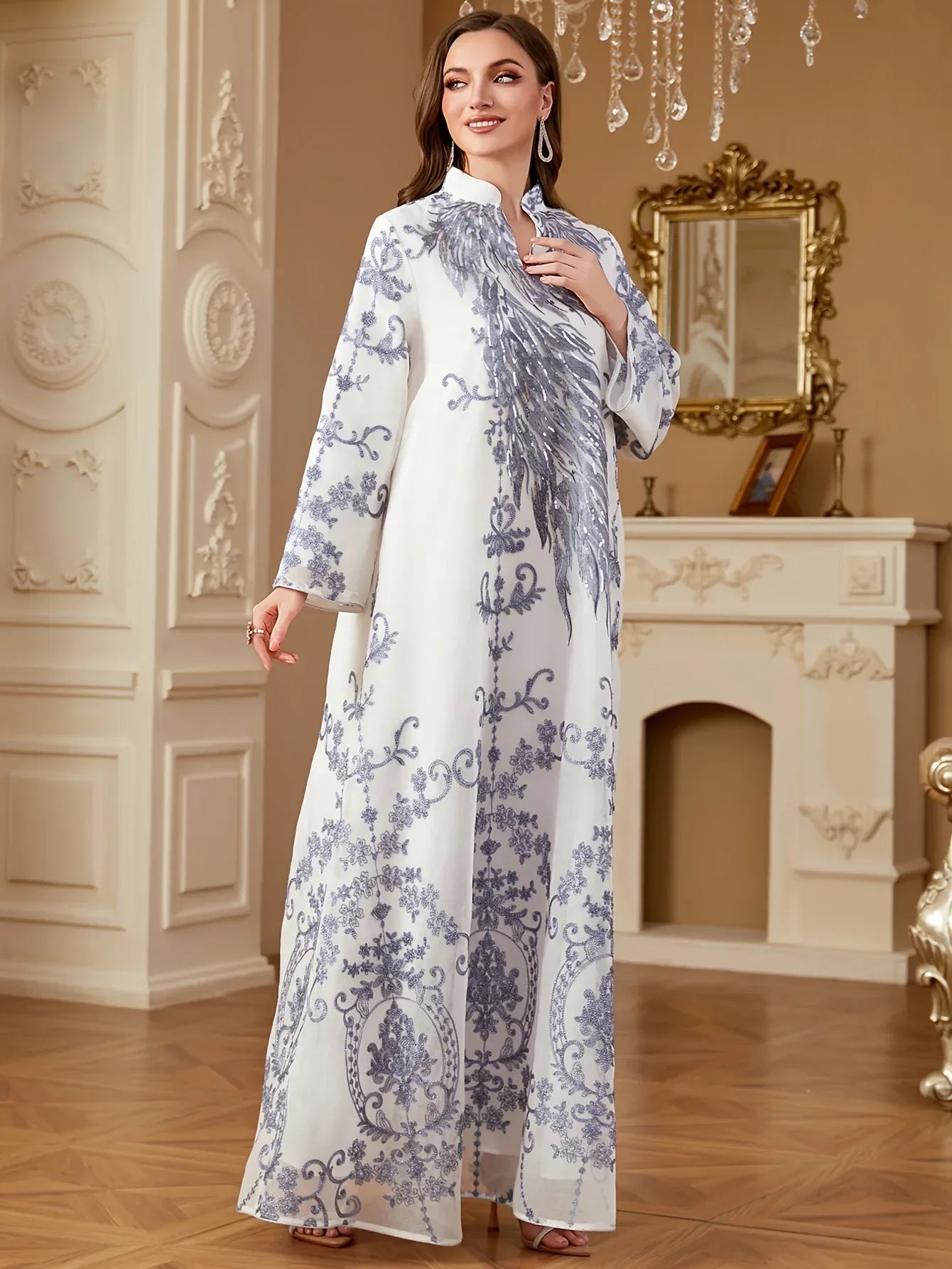 Elegantes Pailletten-Abendkleid mit Stehkragen - Langarm Maxi-Kleid für festliche Anlässe - FUXLShop