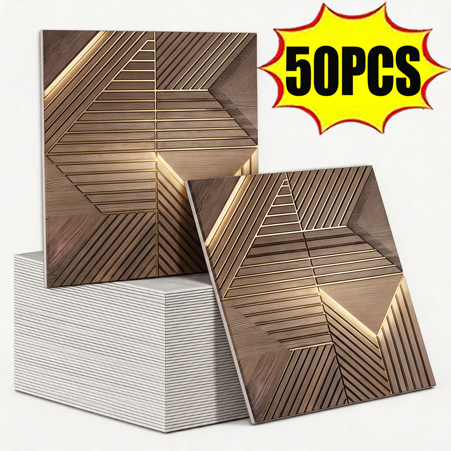 50 selbstklebende Wandfliesen in Holzoptik mit geometrischem Linienmuster