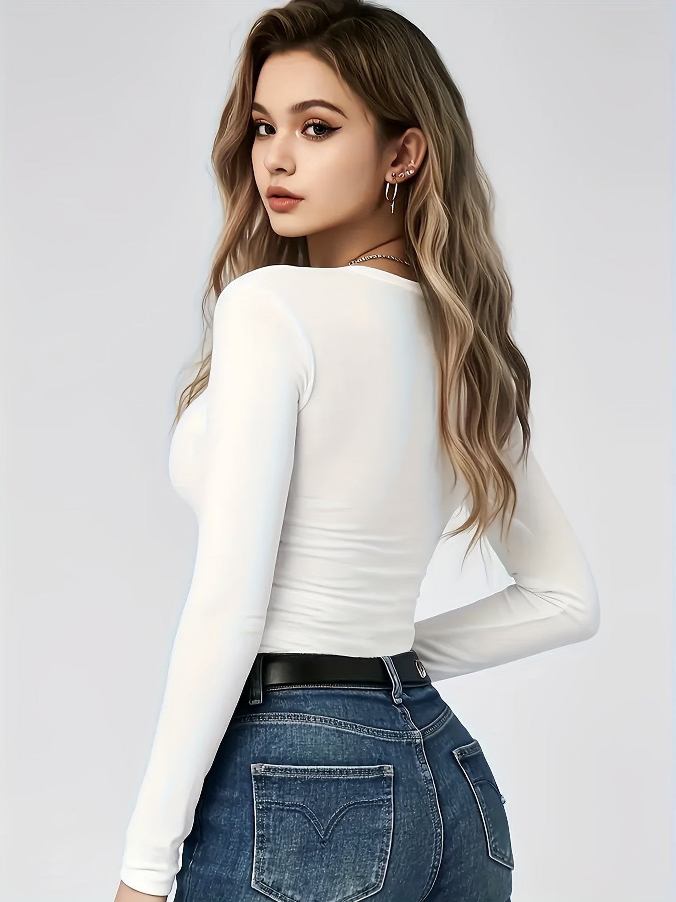 4er-Pack Damen Langarmshirts Rundhals – Stretch Basic-Tops Uni-Farben