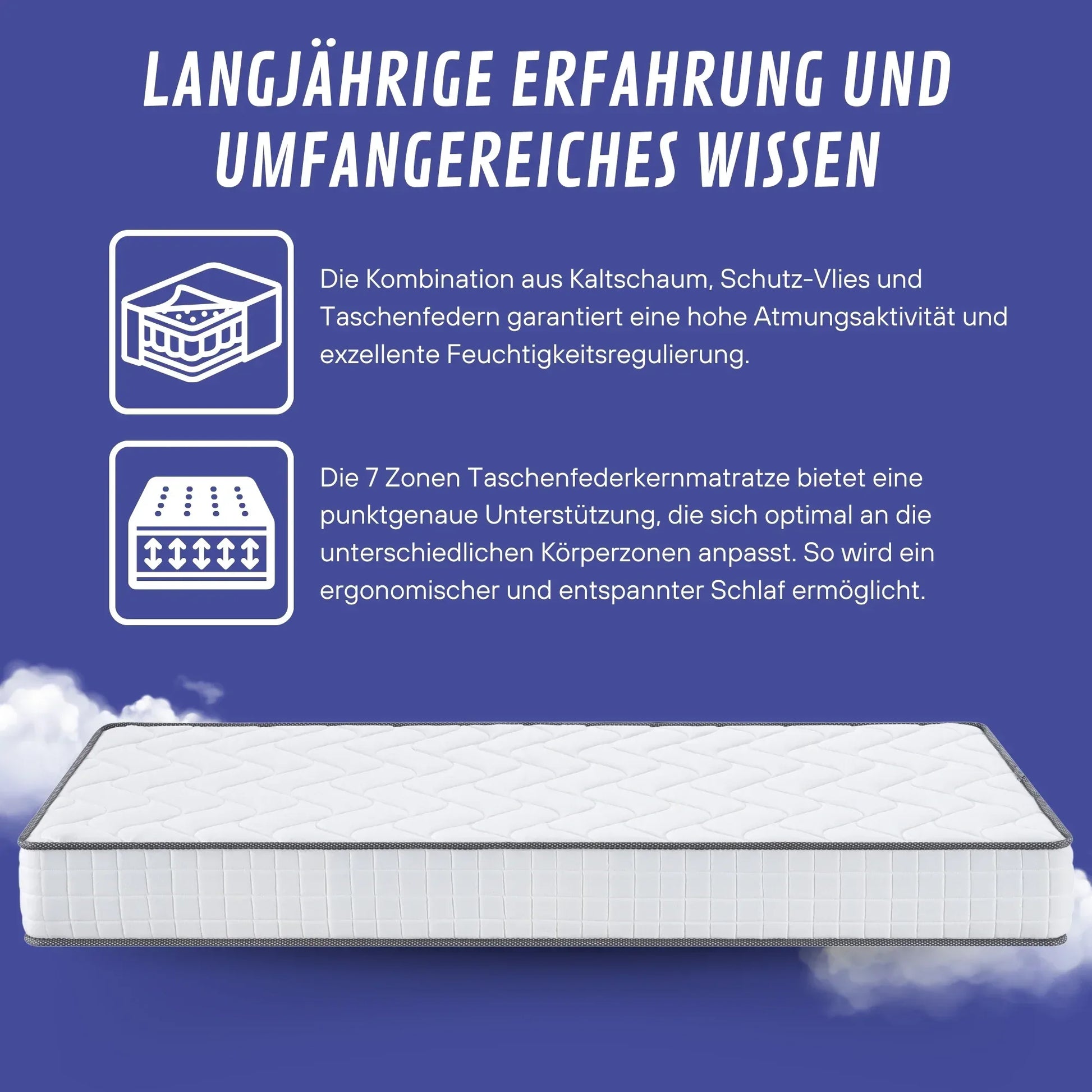 Federkernmatratze 19cm H2/H3 Mittelfest 7-Zonen Taschenfederkern mit Schaumauflage - FUXLShop