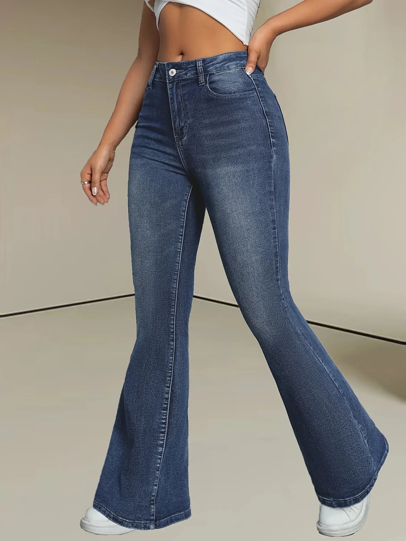 Damen Schlaghose Blau Retro High-Waist – Stretch Flared Pants - FUXLShop