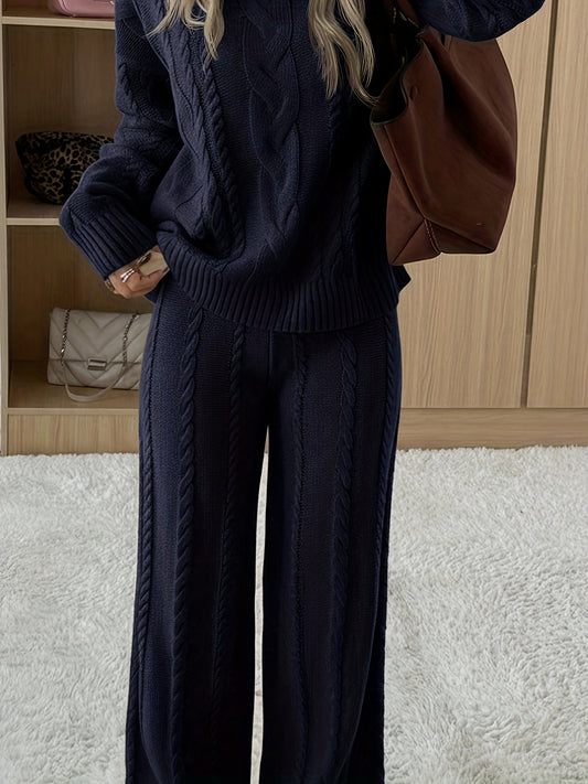 Damen Crewneck Langarmtop & einfarbige Hose – Dunkelblau, Herbst/Winter Set