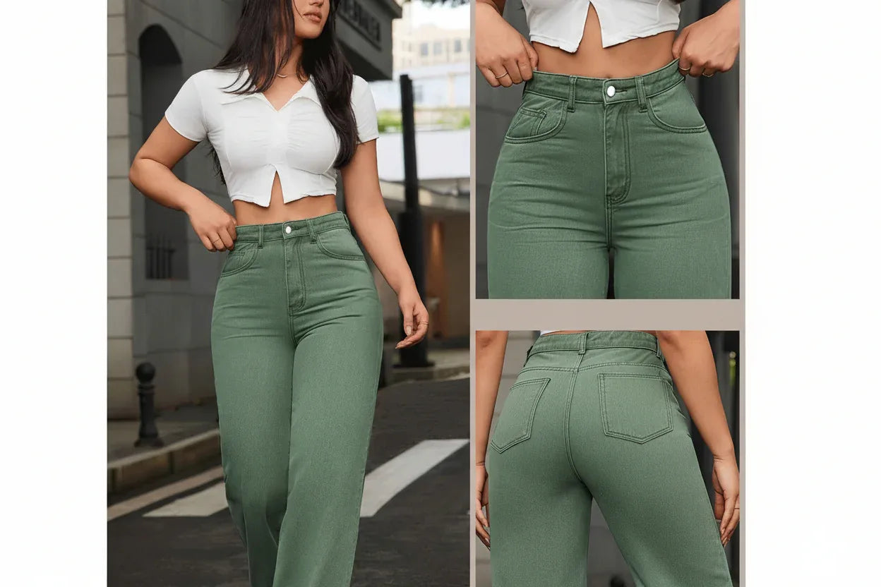 Damen High-Waist Wide-Leg Jeans – Stretch, Army Green, Casual - FUXLShop