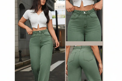 Damen High-Waist Wide-Leg Jeans – Stretch, Army Green, Casual - FUXLShop