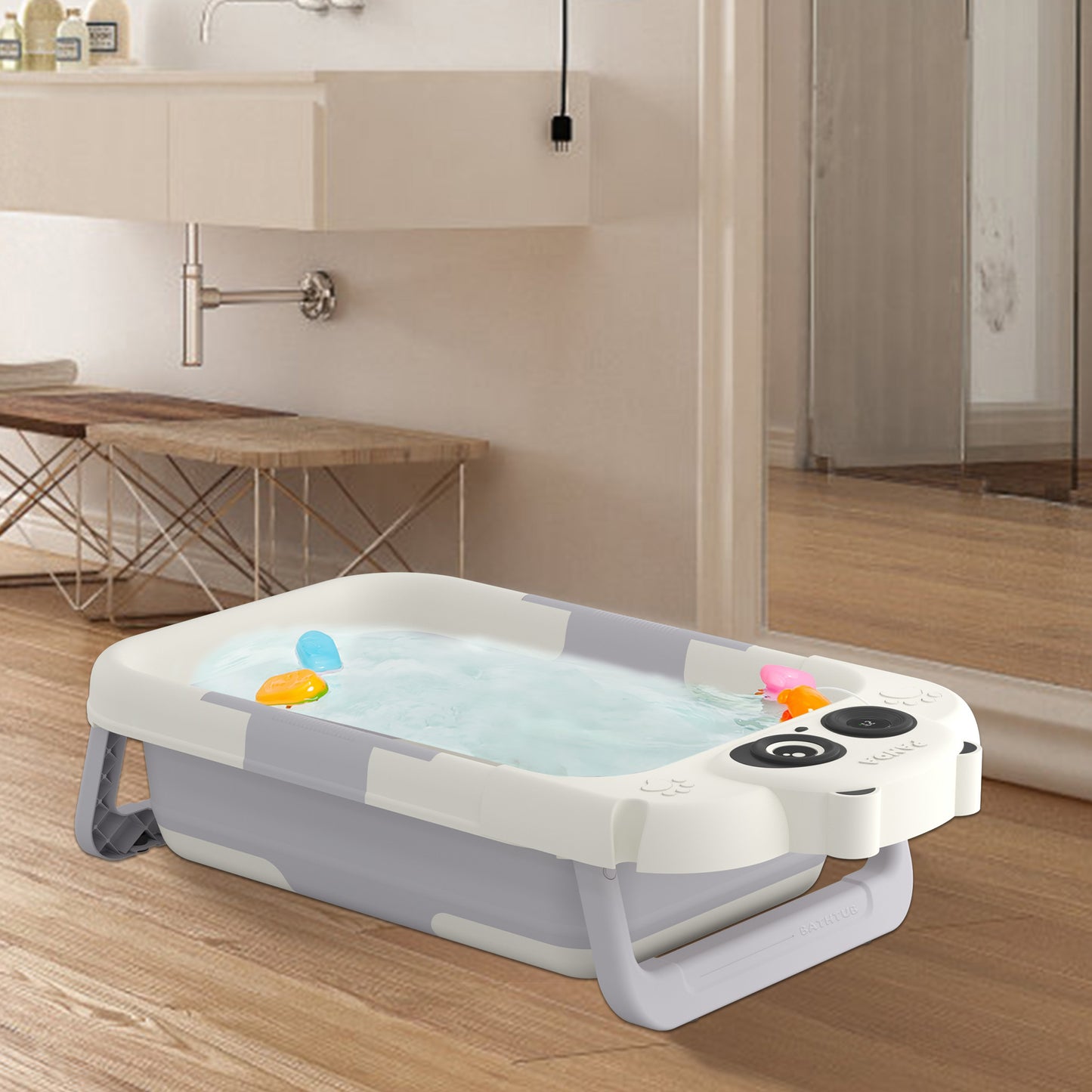 Faltbare Babybadewanne mit Badekissen & integriertem Thermometer – tragbar, rutschfest, leicht & stabil – ideal für Neugeborene, Kleinkinder, Reisen & Zuhause