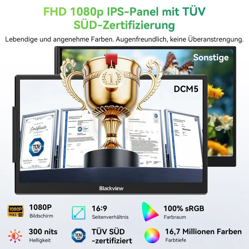 Goldfarbener, verzierter trophy mit rotem band und nummer 1 vor dem blackview dcm5 14-zoll laptop-bildschirm-erweiterung