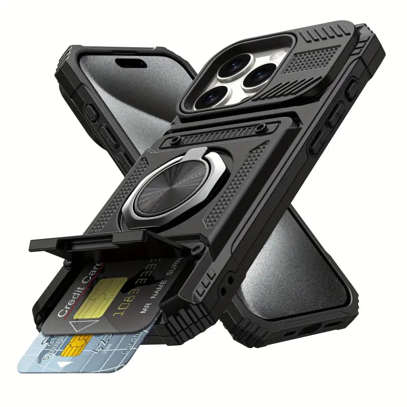 Rückseite einer schwarzen stoßfesten handyhülle mit metallhalter und dual-kartenslot für iphone 11 bis 17 pro max zum heavy duty schützen online bestellen