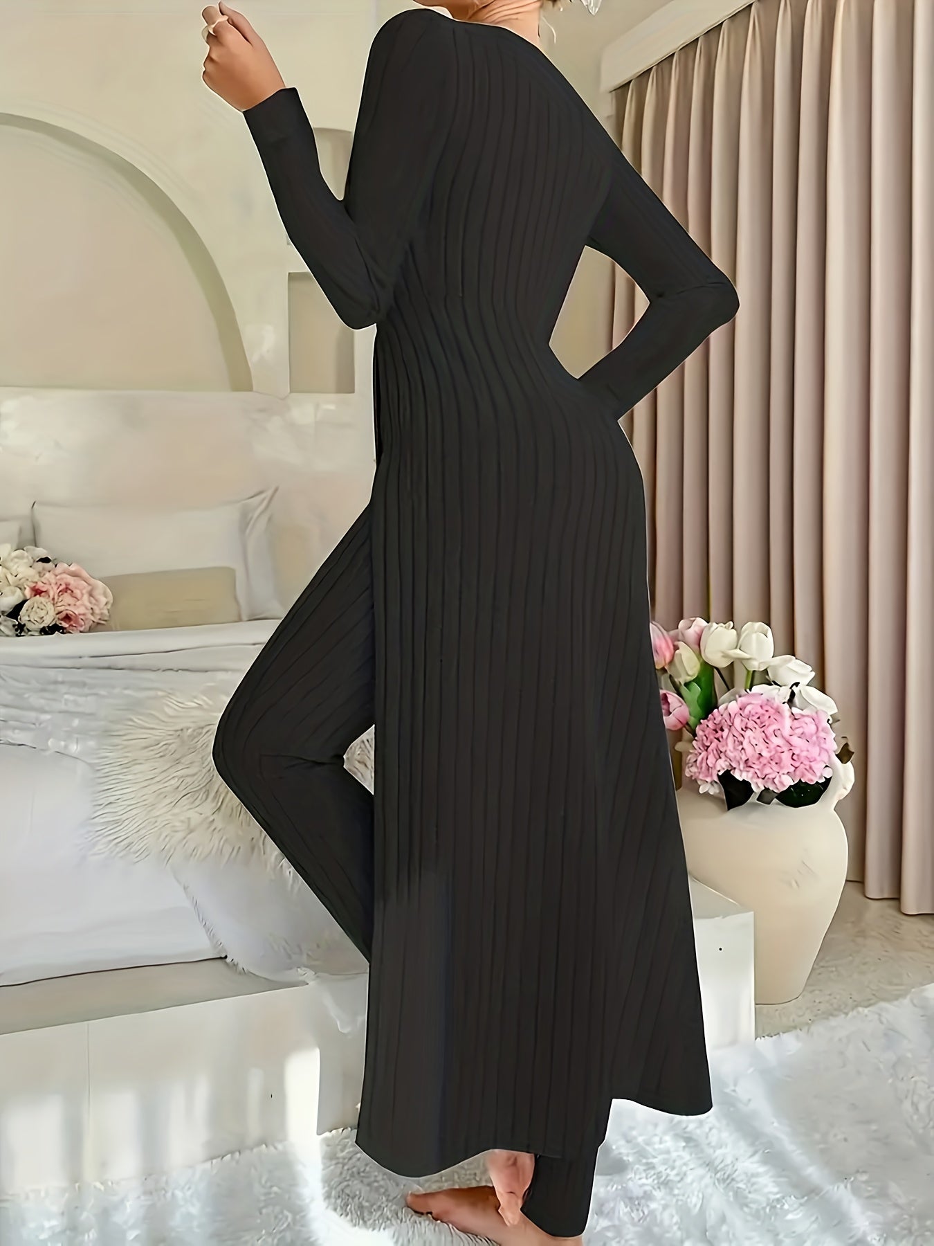 1 Clothes 1 Pants Casual Loose Long Sleeve Dress & Pants Set – Soft Fleece, 3D Stripe Design, hoher Schlitz, Crew Neck, bequem für Alltag & Zuhause