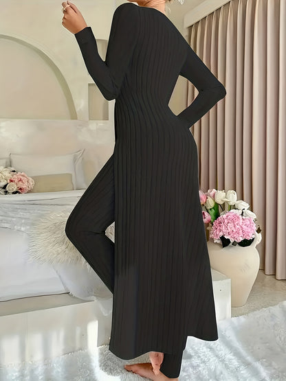 1 Clothes 1 Pants Casual Loose Long Sleeve Dress & Pants Set – Soft Fleece, 3D Stripe Design, hoher Schlitz, Crew Neck, bequem für Alltag & Zuhause