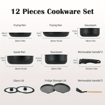 Antihaft-Kochgeschirr-Set mit abnehmbaren Griffen, spülmaschinenfest, induktionsgeeignet – Schwarz