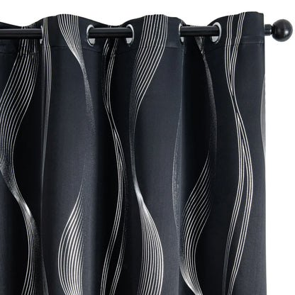 Verdunkelungsvorhänge mit Ösen - Geometrische Wellen-Muster Silber - 213cm Lang, Blickdicht & Wärmeisolierend (2er Set) - FUXLShop