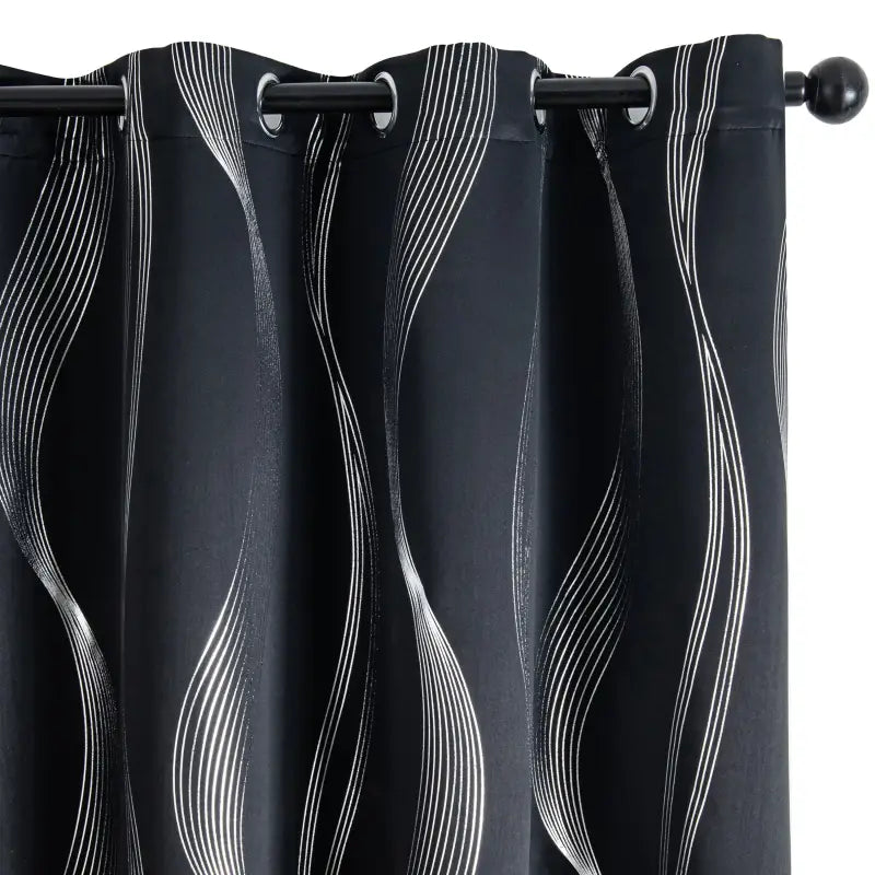 Verdunkelungsvorhänge 2er set 213cm lang mit geometrische wellen-muster silber auf schwarzem grund