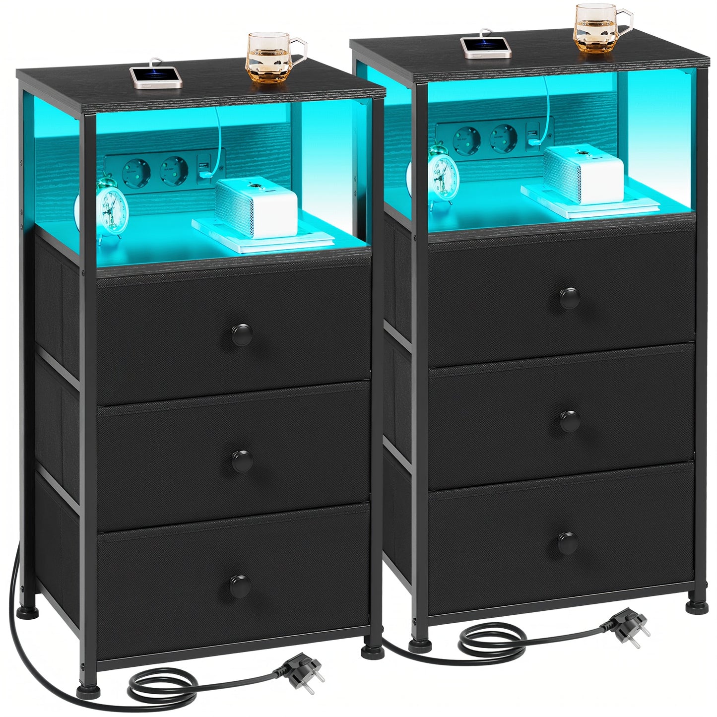 AMHANCIBLE Nachttisch mit LED Beleuchtung und 3 Stoffschubladen