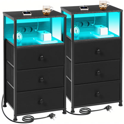 AMHANCIBLE Nachttisch mit LED Beleuchtung und 3 Stoffschubladen