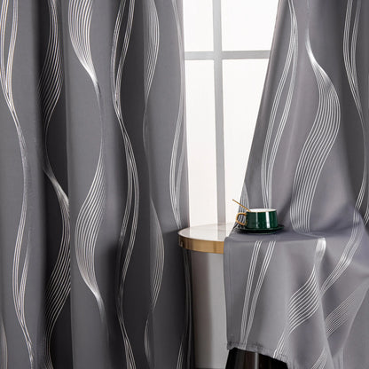 Verdunkelungsvorhänge mit Ösen - Geometrische Wellen-Muster Silber - 213cm Lang, Blickdicht & Wärmeisolierend (2er Set) - FUXLShop