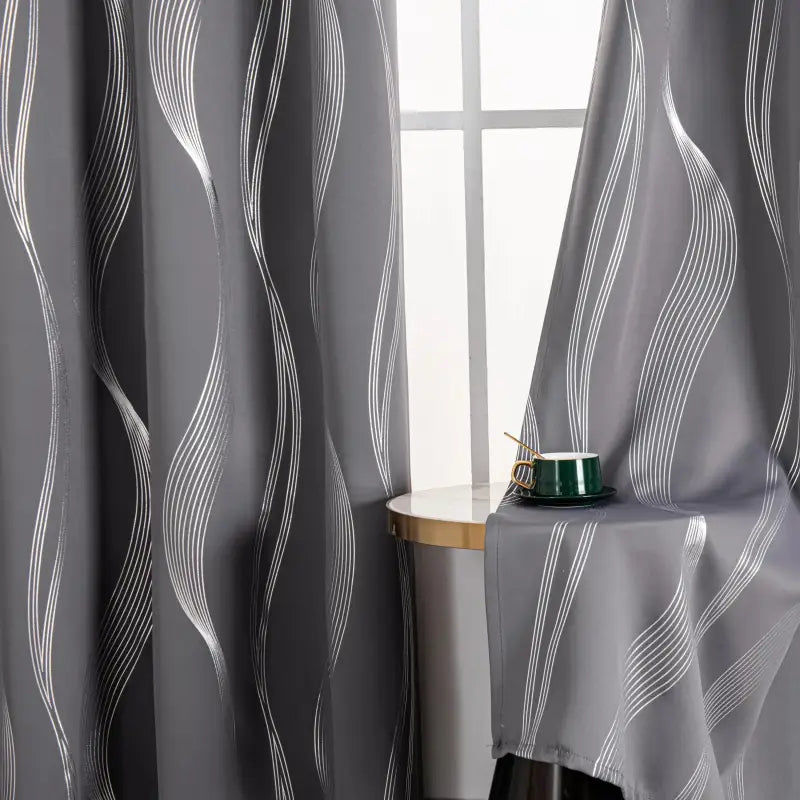 Vernkelungsvorhänge 2er set 213cm lang mit grauen vorhängen und geometrischem wellen-muster silber