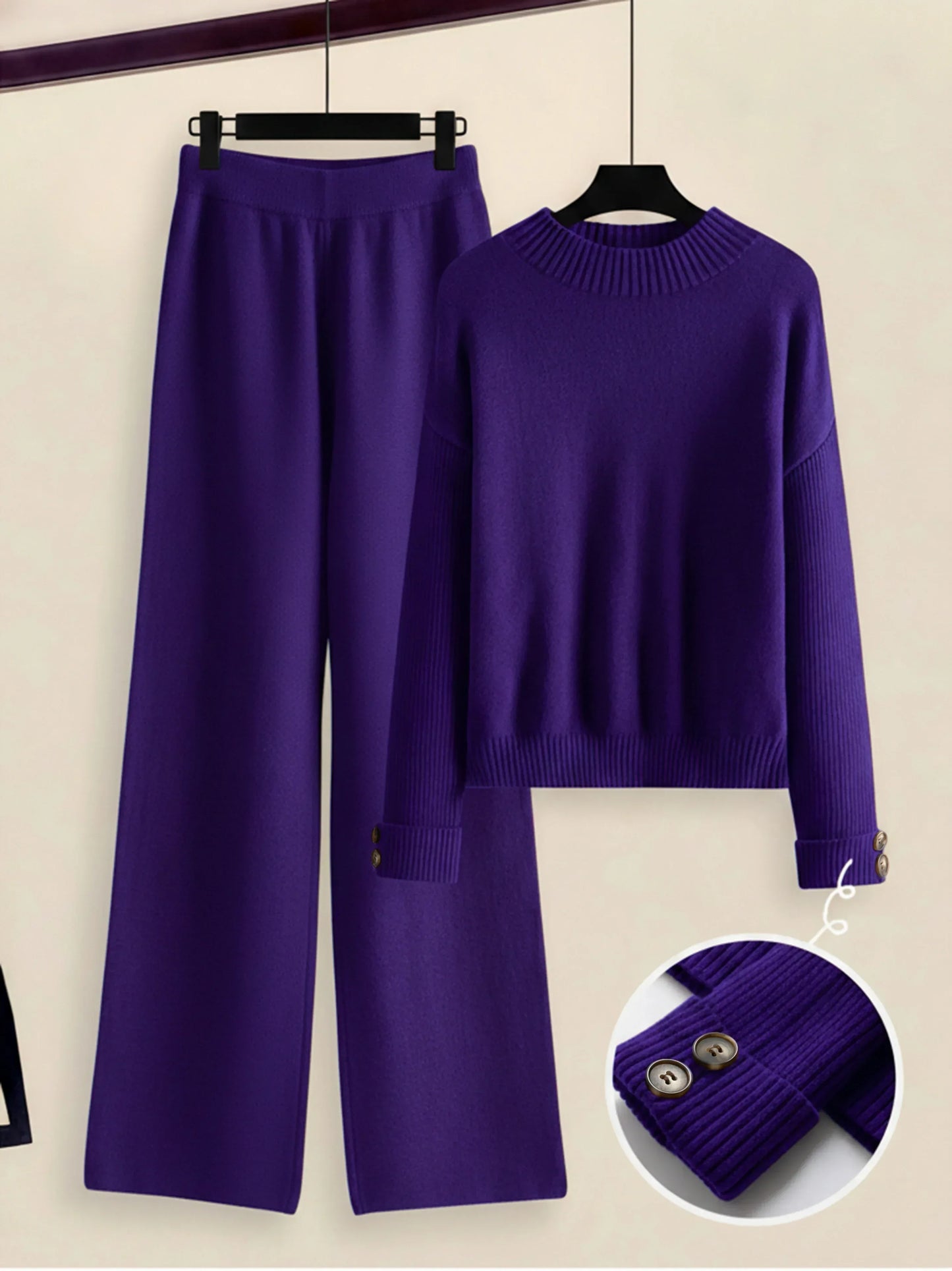 Damen Zweiteiler-Set mit Seitenstreifen – Rundhals Pullover & Gerade Hose, Weiche Freizeitkleidung für Herbst & Winter - FUXLShop