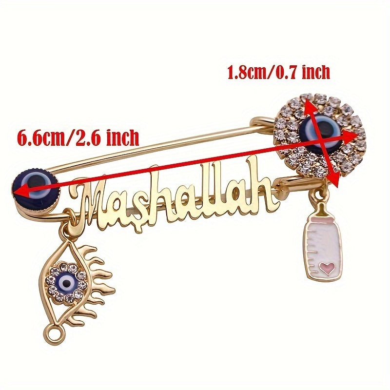 1x Islamische Brosche – Allah/Mashallah Kalligraphie, Hamsa/Hizkia Auge, goldfarbener Schmuck mit blauen & klaren Perlen – Unisex Pin für Hochzeit, Geburtstag, Eid