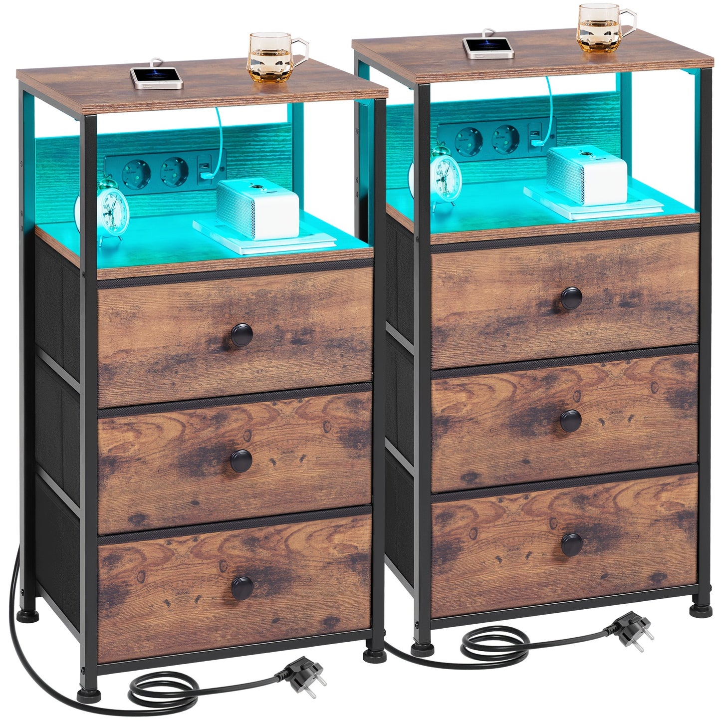 AMHANCIBLE Nachttisch mit LED Beleuchtung und 3 Stoffschubladen