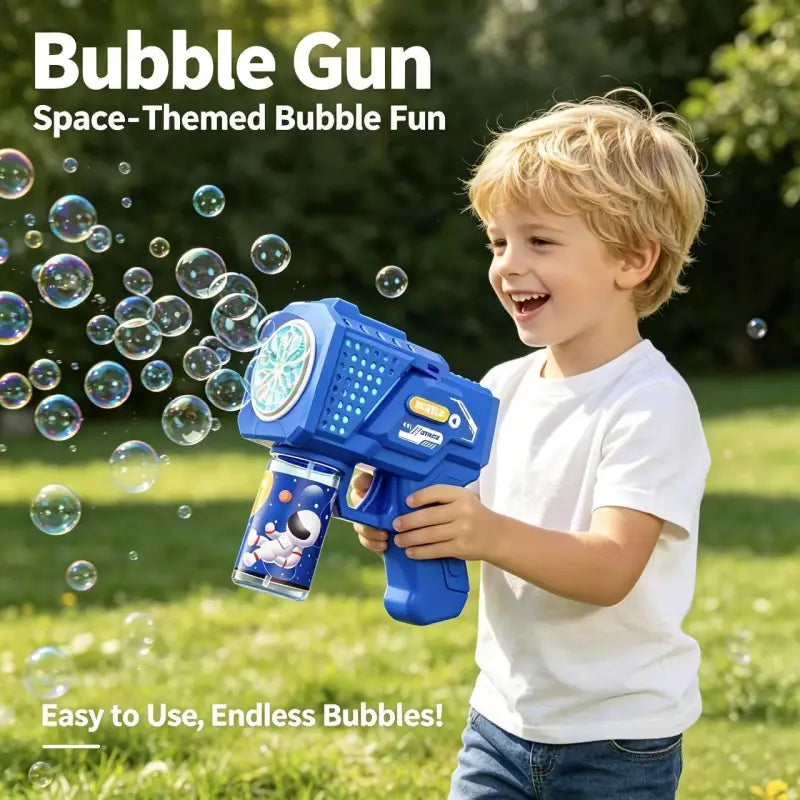 Blaue seifenblasenmaschine led bubble gun mit astronautendesign und durchsichtigem bubbeltank für kinder ab 3