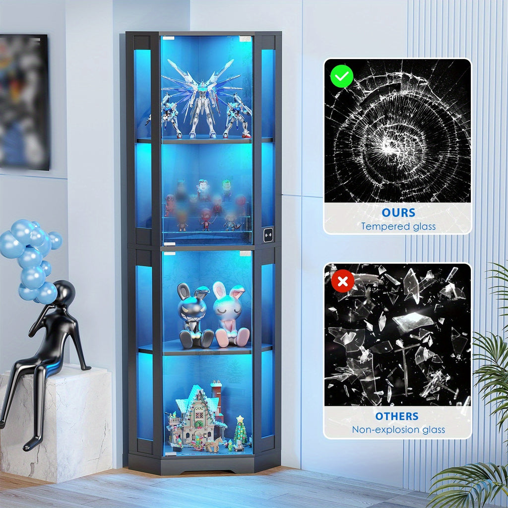 Eckbücherregal 4 Etagen mit LED-Beleuchtung & Bewegungssensor – Glas, Schwarz, Modern