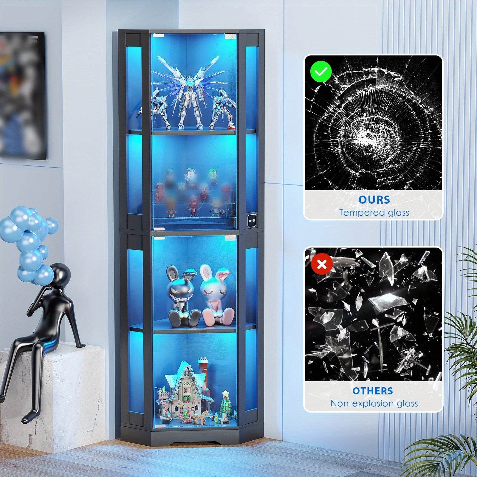 Eckbücherregal 4 Etagen mit LED-Beleuchtung & Bewegungssensor – Glas, Schwarz, Modern