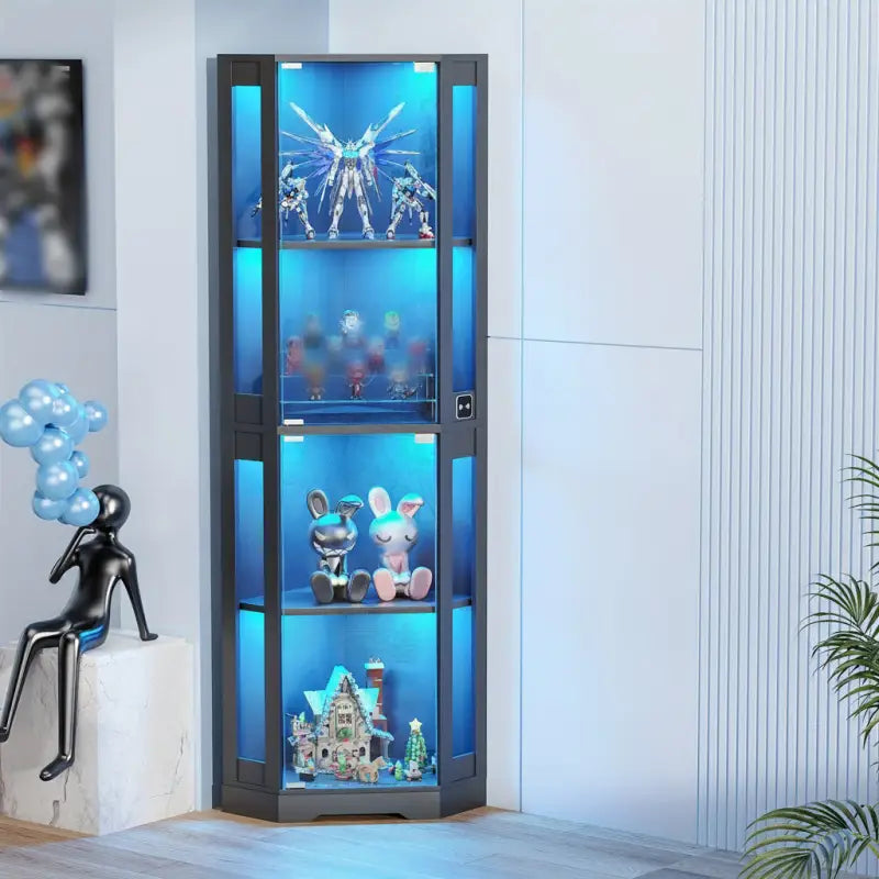 Eckbücherregal mit glastüren und blauer led-beleuchtung schwarzes vitrinenmöbel online bestellen günstige angebote
