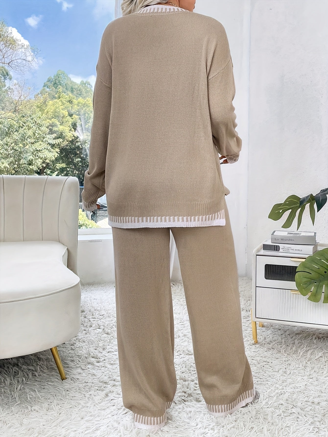 Plus Size Damen Outfit – Braun & Colorblock Sweater & Hose Set | Stretch, Rundhals, Langarm, All Season Casual Look